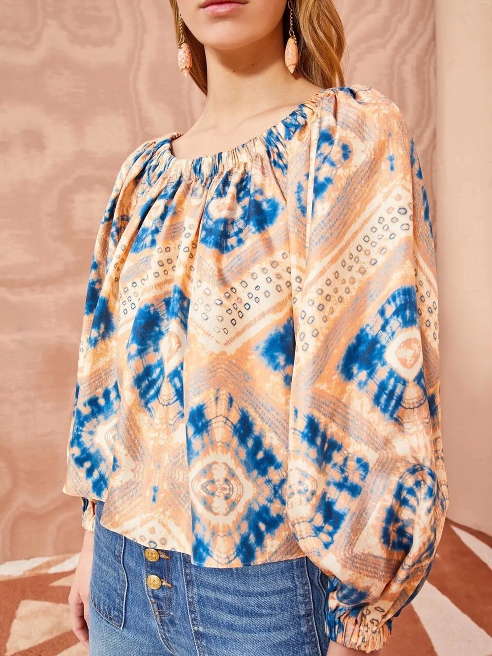 Ulla Johnson Nadya Silk Blouse Shibori Print On or Off-Shoulder Peasant Blouse